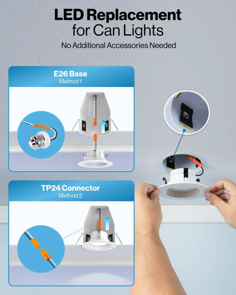 Installation of Six Pack Retrofit LED Recessed Lighting 4 Inch Kit, 3000K Warm White, showing E26 Base and TP24 Connector methods.