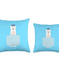 Maritime Captain Boating Yacht Sailing Lake Sailor Throw Pillow featuring a bear in a sailor hat on blue background, two sizes