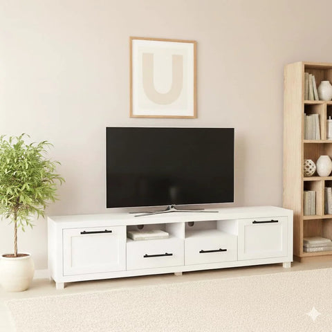 Living room with white media console featuring Solid Brass Cabinet Pulls 4 Pack Matte Black Euro T Bar Handles With 5 Inch Hole Center.