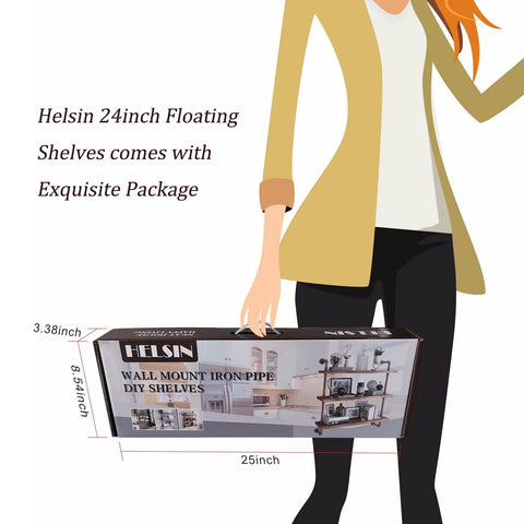 Helsin 24inch Floating Shelves packaging showing wall mount iron pipe design for rustic three tier industrial pipe floating shelves straight fire modern farmhouse vibe with sturdy iron metal rack for bathroom kitchen storage and vintage decor.