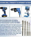 6-piece four-flute sawtooth eccentric twist drill bit set with hex shanks (4–12mm), shown with cordless drill.