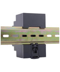 Straight Up Heavy Duty 60 Watt 48 Volt Din Rail Switching Power Supply mounted on a DIN rail showing adjustable design.