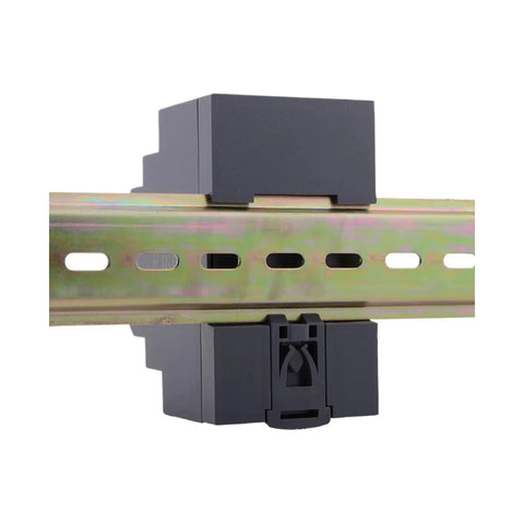 Straight Up Heavy Duty 60 Watt 48 Volt Din Rail Switching Power Supply mounted on a DIN rail showing adjustable design.