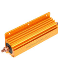 200W 2 Ohm Power Resistor With Aluminum Housing, Rugged High Power Component For Industrial Equipment And Power Supplies, Mounting Holes For Easy Mounting, Durable Heat Dissipation, Reliable Performance In Demanding Environments. Orange finned resistor with mounting studs