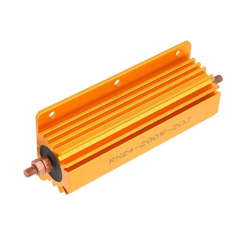 200W 2 Ohm Power Resistor With Aluminum Housing, Rugged High Power Component For Industrial Equipment And Power Supplies, Mounting Holes For Easy Mounting, Durable Heat Dissipation, Reliable Performance In Demanding Environments. Orange finned resistor with mounting studs