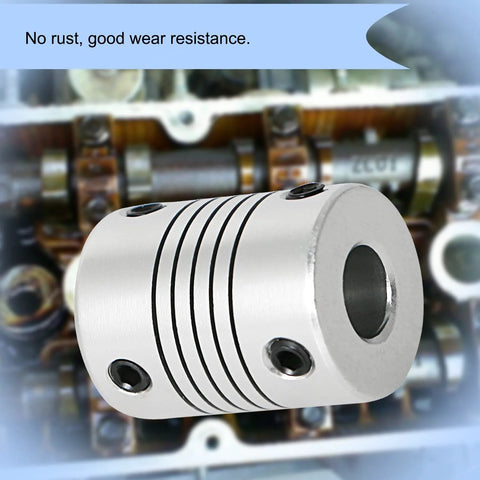 Front view of a silver Aopin 10mm-to-10mm flexible beam coupling with through bore and two set screws