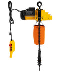 Heavy Duty Electric Chain Hoist With 2200 Lb Capacity And 10 Foot Lifting Height Featuring Double Steel Chain Rig With Rotating Hook And Aluminum Housing built like a tank, showing yellow motor and orange lifting bag.