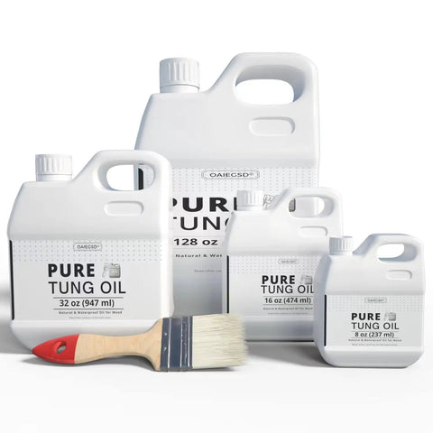 Assorted jugs of Pure Tung Oil with brush, including 32 Ounce 100 Percent Pure Tung Oil for Wood Outdoor Finish with Brush Safe Food Grade Sealer