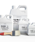 Straight Up Pure Tung Oil 32 Oz Bulk Bundle With Professional Brush Food Safe Finish and Waterproof Sealant with various bottle sizes.