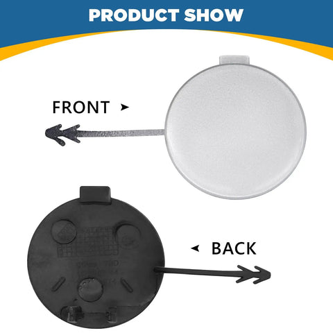 Front Bumper Tow Hook Cover For VW Jetta 2011 2012 2013 2014 Right Passenger Side White Easy DIY Install Towing Eye Cap Trailer Hitch Cover 5C6807241 5C6807241B showing front and back views