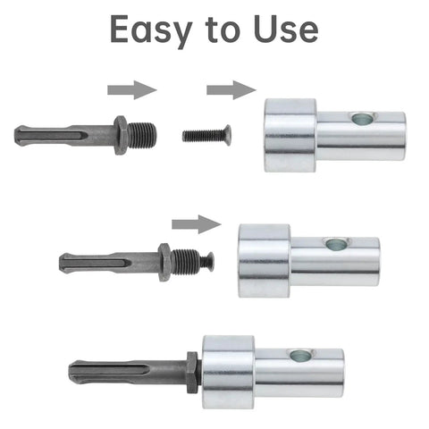 Garden Auger Drill Adapter Kit components showing easy assembly with SDS Plus and square shank for 4-inch and 6-inch augers.