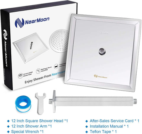Rain Shower Head With Ceiling Arm, Square Stainless Steel 12 Inch Chrome Showerhead for Full Body Coverage, Mega Power Waterfall Rain