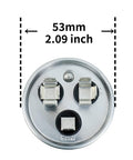 Top view of 40 Plus 5uF 370V CBB65 Dual Run Capacitor, circular with three terminals Herm H, Fan F, C, and 53mm diameter marked