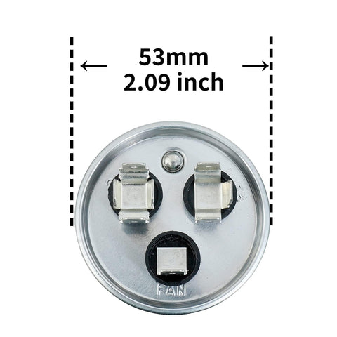 Top view of 40 Plus 5uF 370V CBB65 Dual Run Capacitor, circular with three terminals Herm H, Fan F, C, and 53mm diameter marked