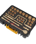 Heavy Duty Non Sparking Beryllium Copper 31 Piece Socket Set With Half Inch Drive Ratchet Kit And Extensions in a sturdy black case.