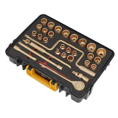 Heavy Duty Non Sparking Beryllium Copper 31 Piece Socket Set With Half Inch Drive Ratchet Kit And Extensions in a sturdy black case.
