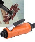 Straight Pneumatic Air Die Grinder Kit With Quarter Inch Collet Japanese Style Ergonomic Grip And Ten Piece Abrasive Stone Bits showing details of tool head and grip design.