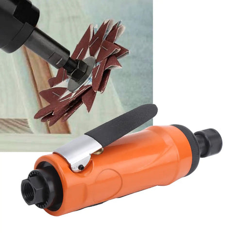 Straight Pneumatic Air Die Grinder Kit With Quarter Inch Collet Japanese Style Ergonomic Grip And Ten Piece Abrasive Stone Bits showing details of tool head and grip design.