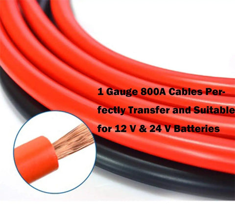 Heavy Duty Jumper Cables 1 Gauge 25 Foot 800 Amp Rock Solid Wiring Tough As Nails For Car Van Truck Tractor Dead Battery Savior Smooth Restart With Lifetime Guarantee close-up of insulated leads, showing copper wires and red and black cables.