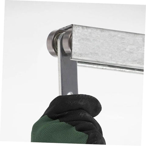 Heavy Duty Steel Sliding Door Pulley Wheel Assembly With Premium Double Bearing Rollers That Glide Like Butter For Closets Windows Cabinet Guides And Home Repairs, close up of the wheel and metal track.