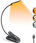 Clip On Book Light With 10 LEDs And Three Color Temperatures For Late Night Reading, shown in black with USB-C cable
