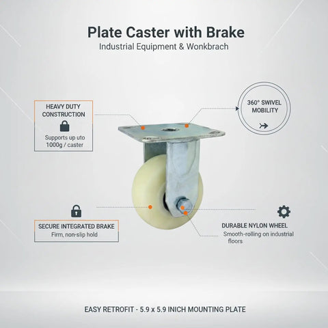 Image of Heavy Duty Plate Caster With Brake 5.9 X 5.9 Inch Plate Mount For Industrial Equipment And Workbenches Nylon Swivel Wheel
