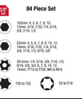 Diagram of sizes in 3/8 Inch Drive Impact Socket Set Master SAE And Metric With Long Mid And Stubby Lengths, Star And External Star, 84 Piece.