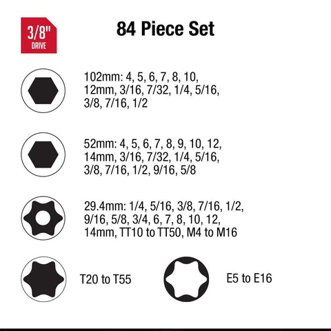 Diagram of sizes in 3/8 Inch Drive Impact Socket Set Master SAE And Metric With Long Mid And Stubby Lengths, Star And External Star, 84 Piece.