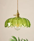 Dope Farmhouse Glass Lotus Pendant Light With Adjustable Cable, Green Crystal Glass Shade, Brass Holder, 9.84 Inch