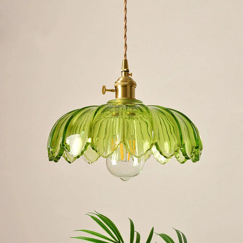 Dope Farmhouse Glass Lotus Pendant Light With Adjustable Cable, Green Crystal Glass Shade, Brass Holder, 9.84 Inch