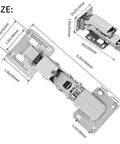 Pair Of 175 Degree Frameless Soft Close Cabinet Hinges With Hidden Hydraulic Lazy Susan Function, dimensions labeled in size chart.
