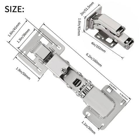 Pair Of 175 Degree Frameless Soft Close Cabinet Hinges With Hidden Hydraulic Lazy Susan Function, dimensions labeled in size chart.