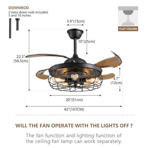 42 Inch Slick Industrial Retractable Ceiling Fan With Lights And Remote Retro Black Cage Chandelier Style Fandelier For Farmhouse Bedroom And Living Room Quiet Powerful Motor Easy Remote Control