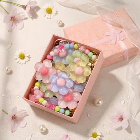Pastel Jelly Daisy Flower Shoe Charms Set With Glossy Bling Floral Buckles in a pink gift box, featuring colorful flower clips.