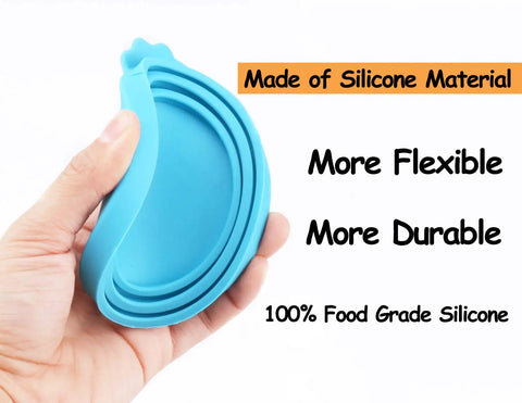 Universal Silicone Can Lids For Dog And Cat Food, 3 Pack with Spoon, flexible blue lids in hand showing durability