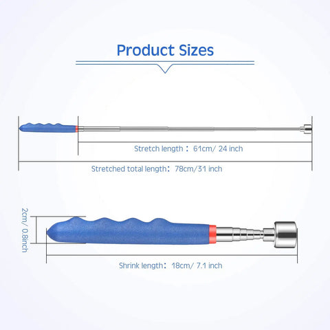 Extendable Magnetic Pickup Tool dimensions with cushioned grip handle, shown in blue, 30 inch telescoping stainless steel stick.