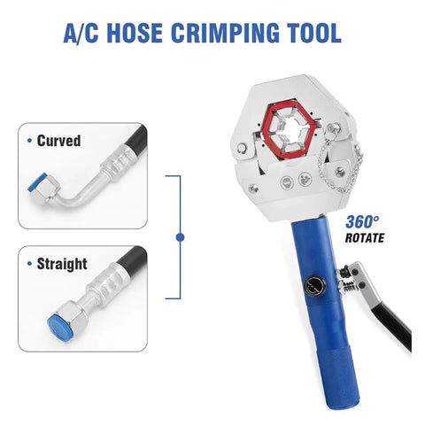 A/C hose crimping tool showing curved and straight fittings for heavy duty hydraulic crimping tool kit with bench mount stand for hose repairs.
