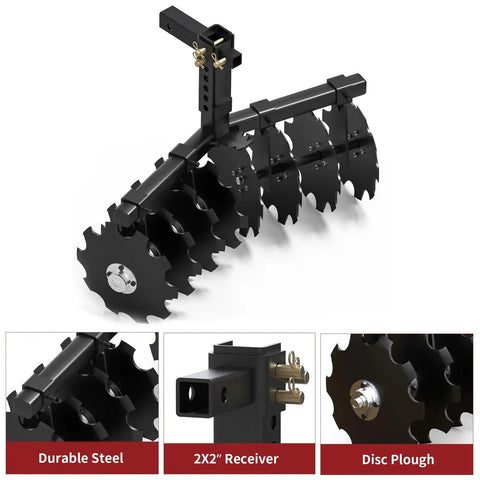Heavy Duty 32 Inch Disc Plow Harrow For ATV Tiller shown with 8 durable discs and 2-inch receiver for lawn tractors