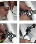 Stainless Steel Banding Tool For Strapping Tensioner And Crimping Cutter used on a pipe, showing hand guided tensioning and crimping