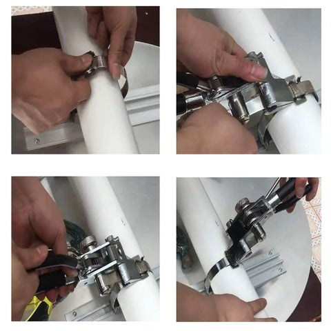 Stainless Steel Banding Tool For Strapping Tensioner And Crimping Cutter used on a pipe, showing hand guided tensioning and crimping