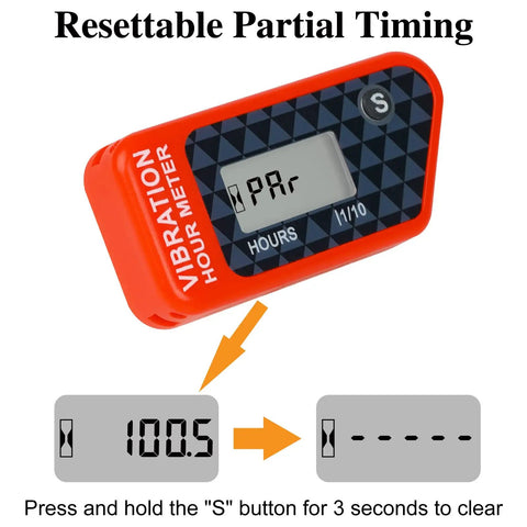 Durable Vibration Hour Meter For Small Engines Red IP68 Waterproof Tracks Run Time With Non Resettable Total Hours And Resettable Job Timer No Wire Vibration Monitoring For Heavy Duty Equipment, red display showing resettable partial timing