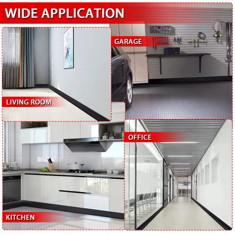 Top Notch Vinyl Wall Base Molding Four Inch Wide Peel And Stick Self Adhesive Rubber Floor Trim in living room, kitchen, garage, office.