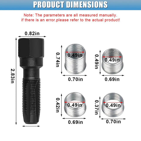 Dimensions of 14mm Spark Plug Thread Repair Kit with tap and four thread inserts for damaged spark plug holes in cylinder head
