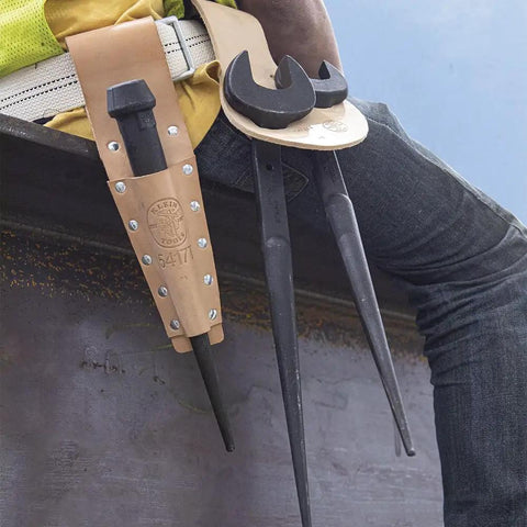Worker holding Heavy Duty Construction Spud Wrench With Tether Hole For Quick Nut Alignment, Made In USA, 1-7/16-Inch Opening And 7/8-Inch Bolt