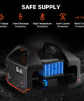 Interior view of Portable Power Station 300W 266Wh Solar Generator With 7-Output Hub, showcasing safety features in dark setting.