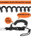 Scuba Diving Coil Lanyard With Stainless Steel Spring Clip And Quick Release Buckle For Underwater Gear Like Flashlights And Cameras TPU Coated Cable Anti Corrosion Heavy Duty Built For Freediving showing 37" extendable coil.