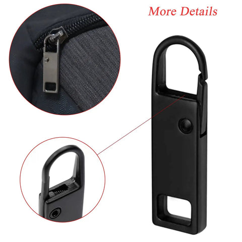 Close-up of black zinc alloy zipper pull in 12 Pack Zipper Pull Tabs Replacement Set Upgraded Easy Fix Detachable Zipper Pulls In Black And Silver Two Sizes 36mm And 30mm For Luggage Jackets Backpacks Boots Purses Coats Durable Zinc Alloy