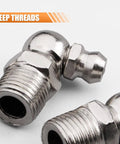 Close-up of nickel-plated carbon steel fitting from 60 Piece Metric Grease Fittings Kit With M6 M8 M10 Zerk Adapters 45 Degree And 90 Degree Straight Or Angled Gun Fittings For Automotive And Mechanical Lubrication Nickel Plated Carbon Steel Set