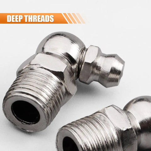 Close-up of nickel-plated carbon steel fitting from 60 Piece Metric Grease Fittings Kit With M6 M8 M10 Zerk Adapters 45 Degree And 90 Degree Straight Or Angled Gun Fittings For Automotive And Mechanical Lubrication Nickel Plated Carbon Steel Set