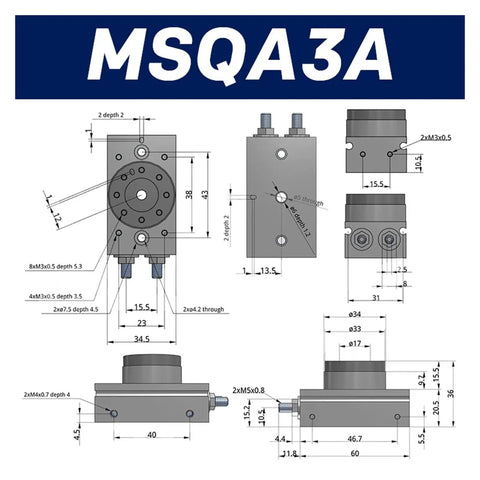 Technical drawing of Pneumatic Rotary Cylinder Double Acting Air Table Actuator MSQA3A showing dimensions and ports